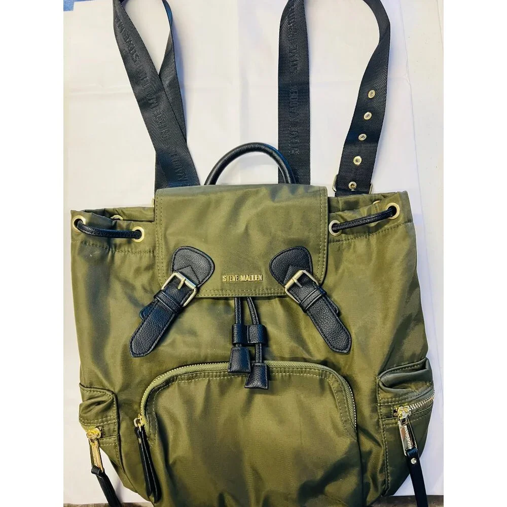 Steve Madden Olive Green Black Nylon Backpack Adjustable Straps Pockets Zip Snap - Picture 2 of 3